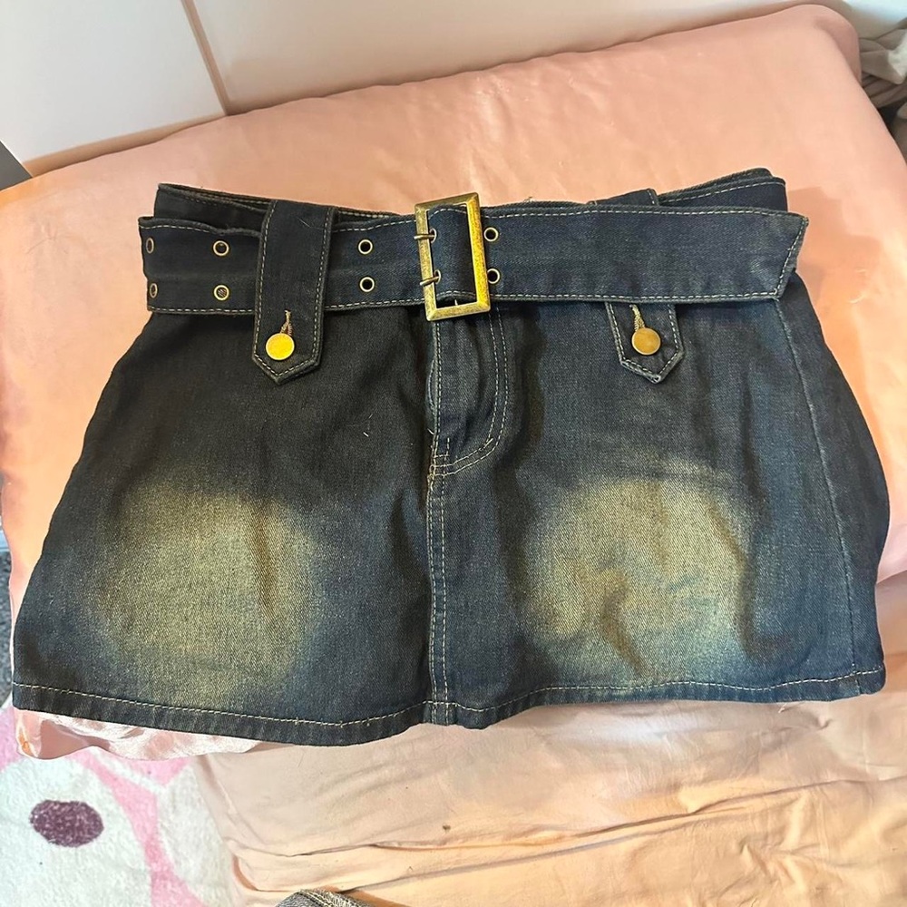 belted mini denim skirt with built in shorts